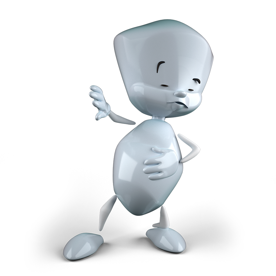 Sam ist nach hinten gebeugt, streckt einen Arm von sich weg und hält den anderen auf seinen Bauch. Er blickt schmerzgeplagt.