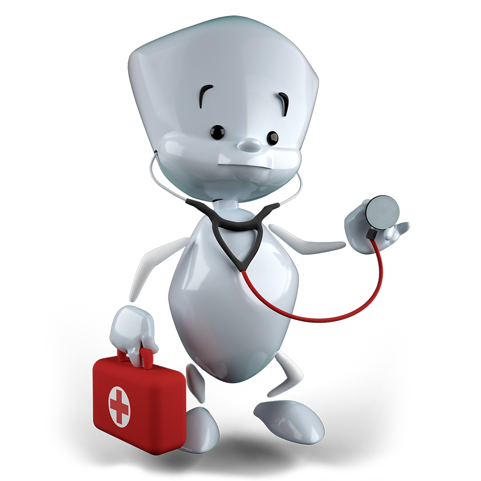 Sam hält einen roten Arztkoffer in der Hand. Um seinem Hals hängt ein Stethoskop, dessen Endstück er in seiner anderen Hand hält.