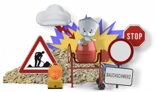 Sam sitzt in einem Betonmischer und macht einen unglücklichen Eindruck. In seiner Hand hält er eine angebissene Reiswaffel. Hinter dem Betonmischer befindet sich ein großer Steinhaufen und verschiedene Straßenschilder. Über Sam ist eine Wolke, aus der ein roter Blitz ragt.