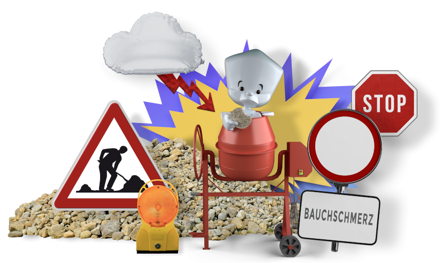 Sam sitzt in einem Betonmischer und macht einen unglücklichen Eindruck. In seiner Hand hält er eine angebissene Reiswaffel. Hinter dem Betonmischer befindet sich ein großer Steinhaufen und verschiedene Straßenschilder. Über Sam ist eine Wolke, aus der ein roter Blitz ragt.