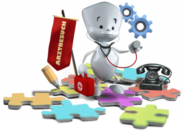 5.-Arztbesuch_Collage_KLEIN Sam hat einen Arztkoffer in der Hand. Um seinen Hals hängt ein Stetoskop, dessen Endstück er in seiner anderen Hand hält.