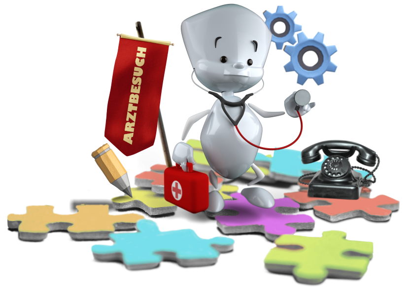 5.-Arztbesuch_Collage_KLEIN Sam hat einen Arztkoffer in der Hand. Um seinen Hals hängt ein Stetoskop, dessen Endstück er in seiner anderen Hand hält.