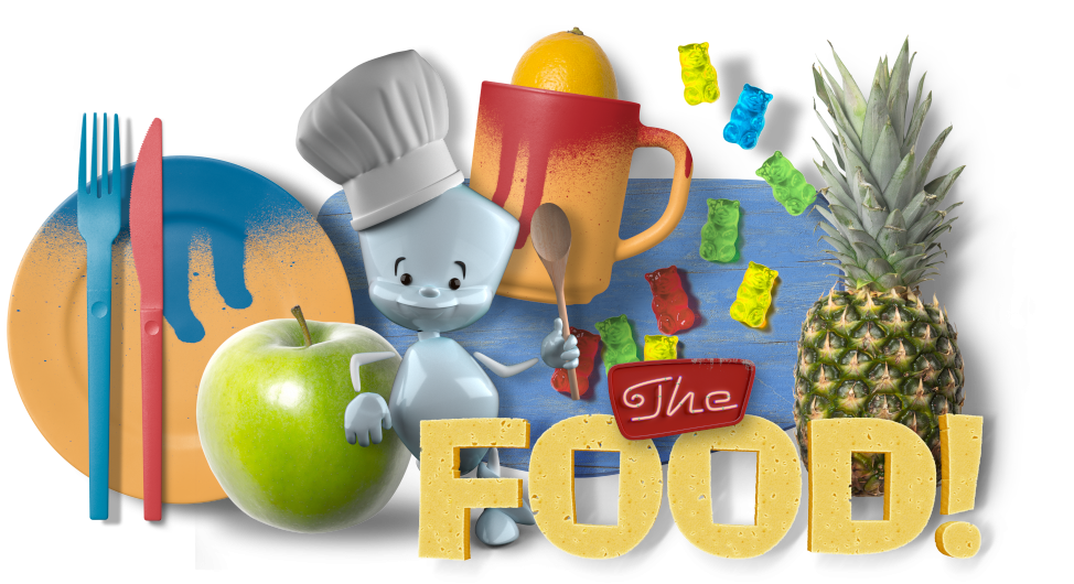 Sam trägt auf dem Kopf eine Kochmütze und hält in der Hand einen Kochlöffel. Er lehnt an einem großen Apfel. Im Hintergrund befindet sich eine Ananas, Gummibärchen, eine Zitrone, die in einer Tasse steckt und Besteck, das auf einem Teller liegt.