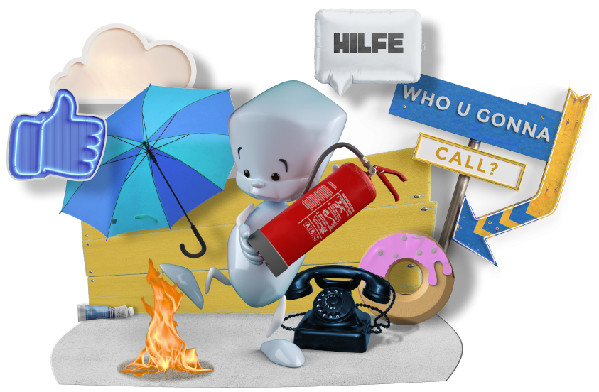 Sam ist dabei ein Feuer auszutreten. In seinen Händen hält er einen Feuerlöscher. Im Hintergrund finden sich allerlei Dinge, wie ein aufgespannten Regenschirm, ein Donut, ein altes Telefon, ein Daumen-Hoch-Symbol und eine Wolke.