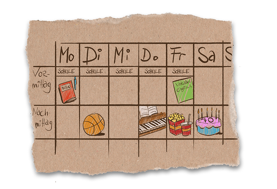 Ein Stundenplan mit Terminen am Vormittag und Nachmittag, wie Matheaufgaben, Basketballspielen oder Klavierunterricht.