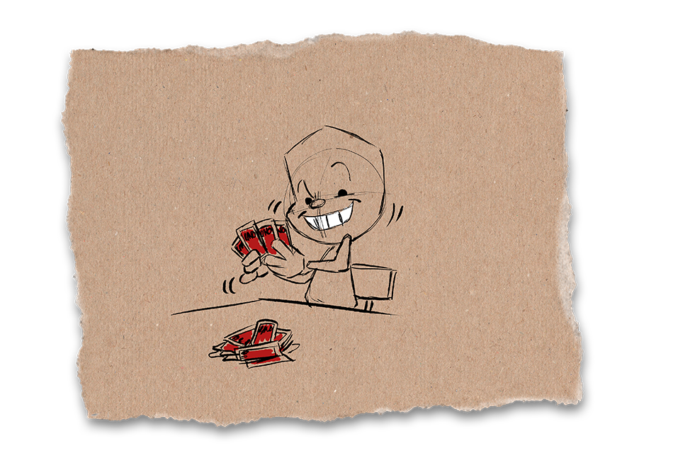 Sam spielt Karten. Sam ist ehrgeizig zu gewinnen.