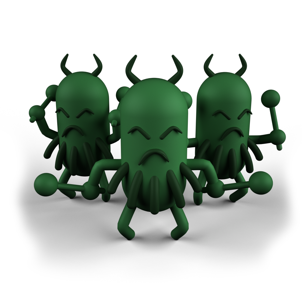 Drei grüne Figuren mit Hörnern auf dem Kopf und grimmigen Gesichtsaudruck halten Schägel in den Händen. Sie sind böse Bakterien.