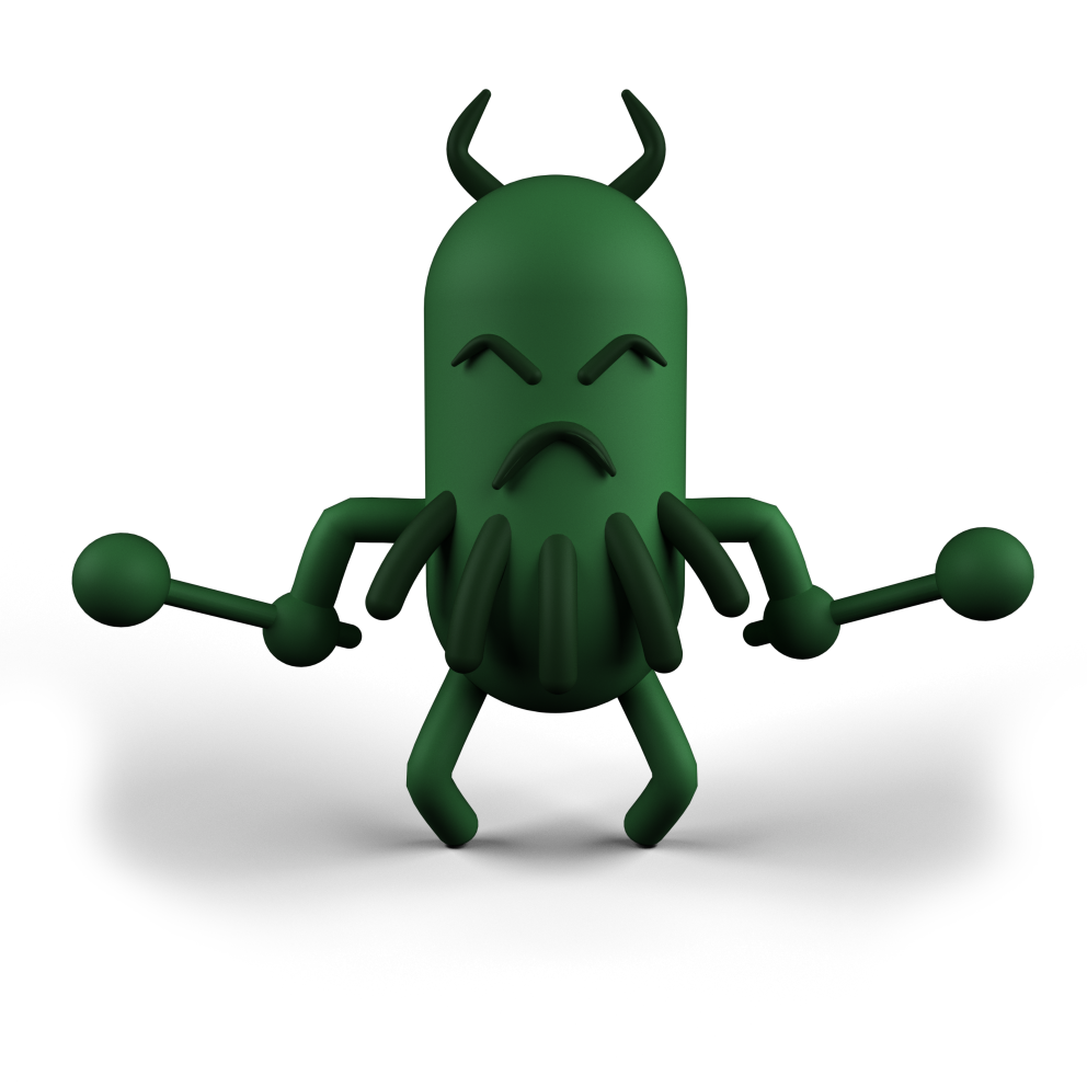 Eine grüne Figure mit Hörnern auf dem Kopf und grimmigem Gesichtsaudruck hält Schlägel in den Händen. Es ist ein böses Bakterium.