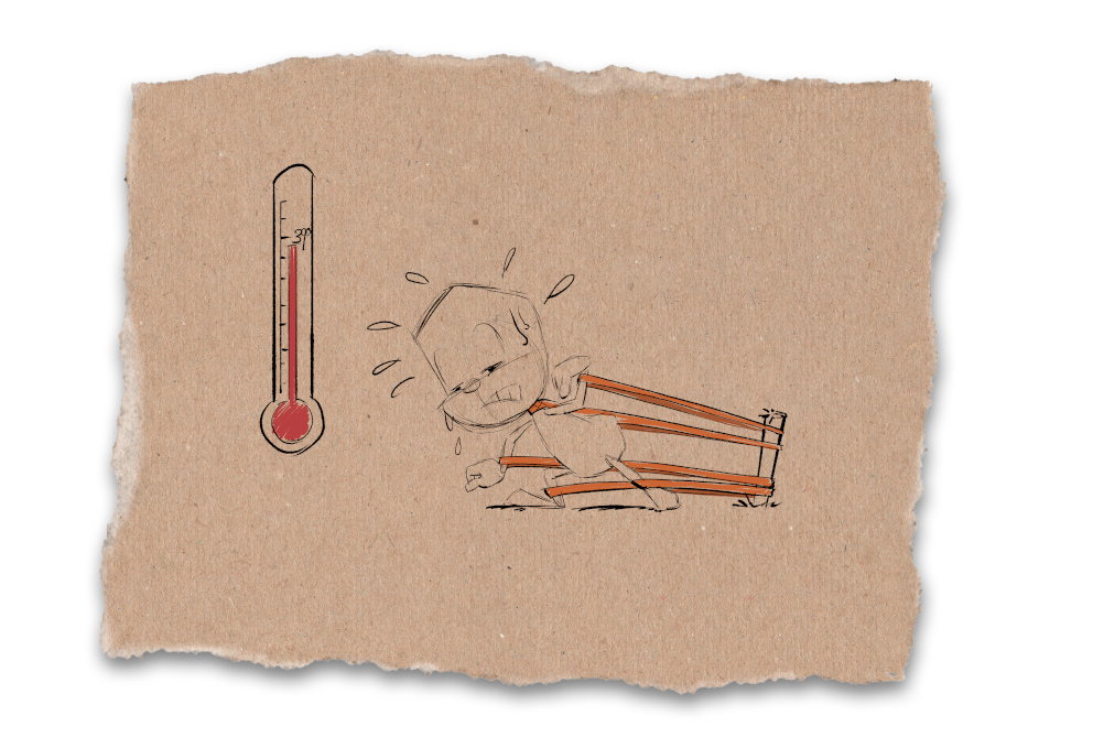 Sam ist mit Gummibändern an seinen Armen und Beinen an einem Holzpfahl gebunden. Er versucht sich zu befreien. An seinem Kopf bilden sich Schweißtropfen.