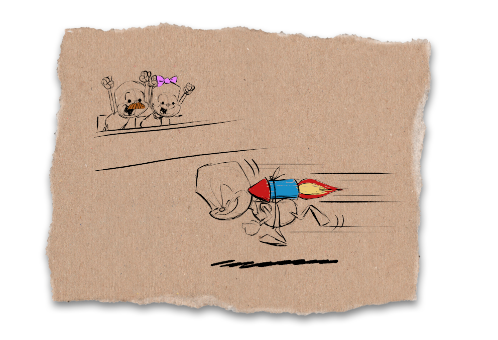 Sam rennt schnell. Auf einem Rücken ist eine bunte Rakete geschnürt. Seine Eltern feuern ihn aus dem Publikum an.