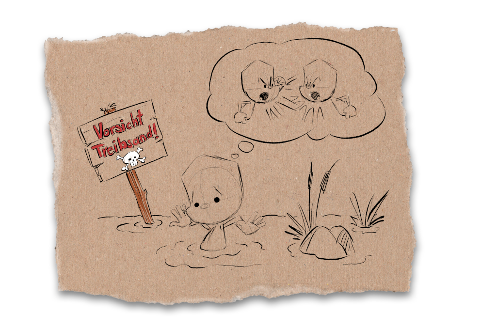 Sam denkt an einen Streit mit jemand anderem. Sam ist bis zum Bauch in einem See. Vor ihm Steht ein Schild mit der Aufschrift 'Vorsicht Treibsand!'.