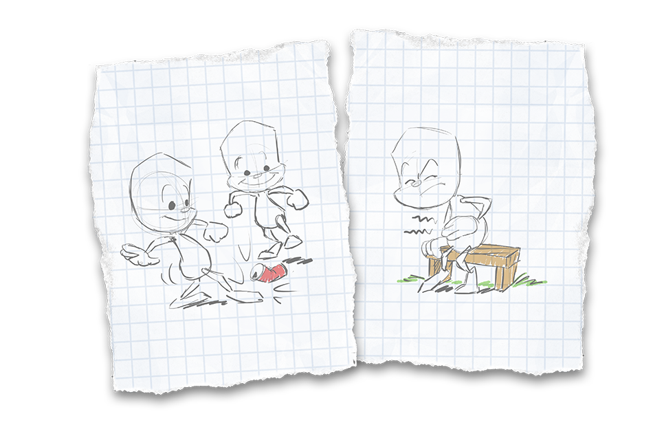 Zwei Bilder sind gegenüber gestellt. In dem Linken kicken Sam und sein Freund mit einder leeren Dose rum. Sie sehen glücklich aus. In dem Rechten sitzt Sam alleine uf einer Bank und hält sich mit angespanntem Gesicht den schmerzenden Bauch.