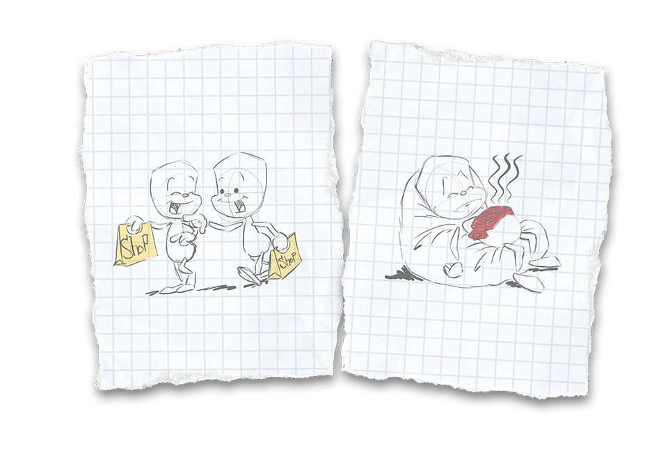 Zwei Bilder sind gegenüber gestellt. In dem Linken ist Sam mit einem Freund shoppen, sie unterhalten sich und lachen. In dem Rechten liegt Sam betrübt auf einem Sitzsack. Er hat eine Wärmflasche auf dem Bauch.