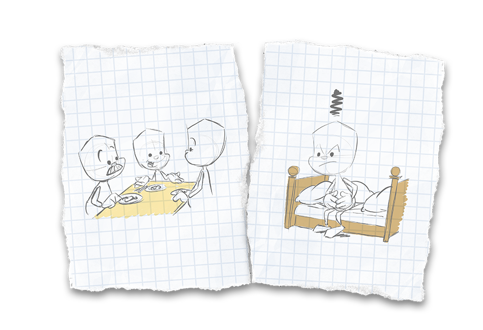 Zwei Bilder sind gegenüber gestellt. In dem Linken sitzt Sam mit seinen Eltern beim Essen und erzählt ihnen begeistert etwas. In dem Rechten sitzt Sam frustriert auf seinem Bett und hält sich den Bauch.