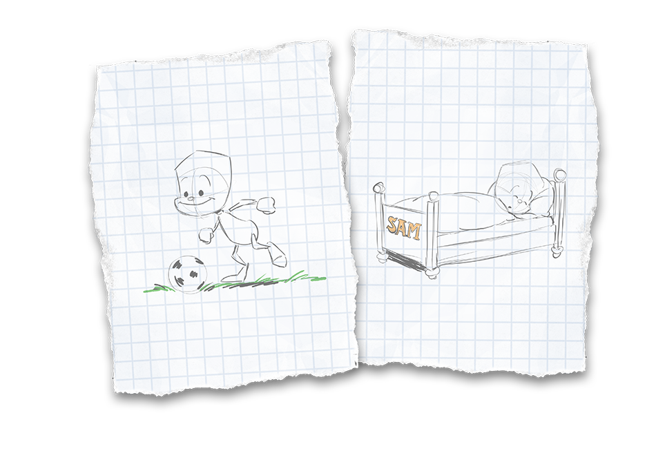 Zwei Bilder sind gegenüber gestellt. In dem Linken spielt Sam Fußball und lächelt. In dem Rechten liegt Sam schlafend in seinem Bett.