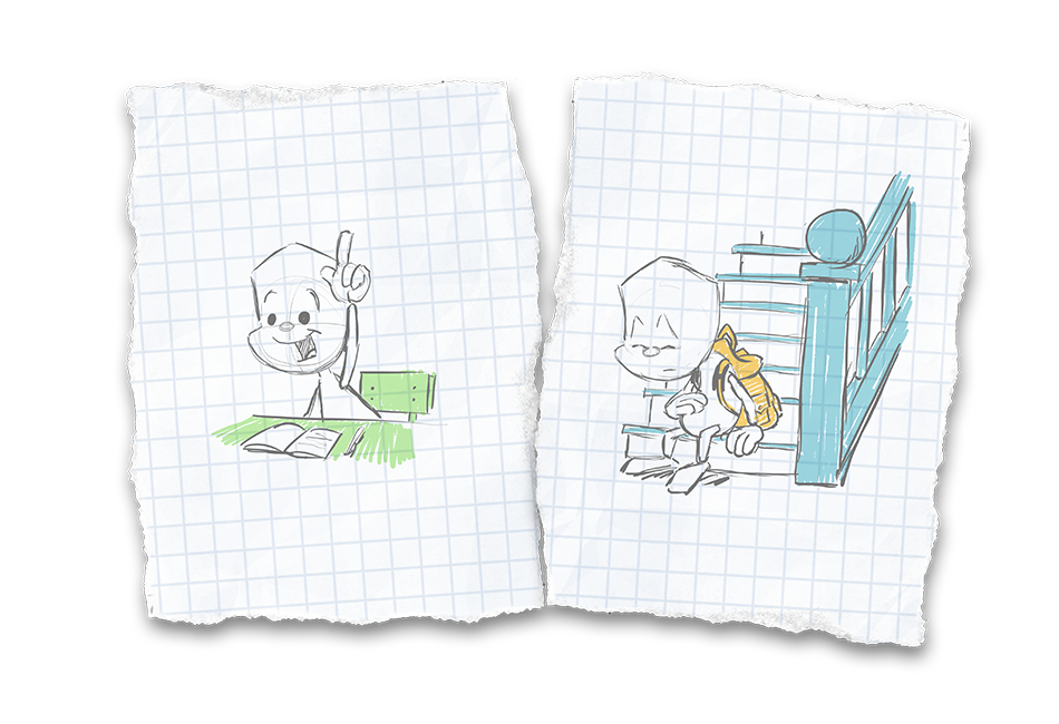 Zwei Bilder sind gegenüber gestellt. Auf dem Linken sitzt Sam an seinem Tisch in der Schule und zeigt begeistert auf. Auf dem Rechten sitzt Sam mit Bauchschmerzen auf einer Treppe, hält sich den Bauch und guckt schmerzerfüllt drein.