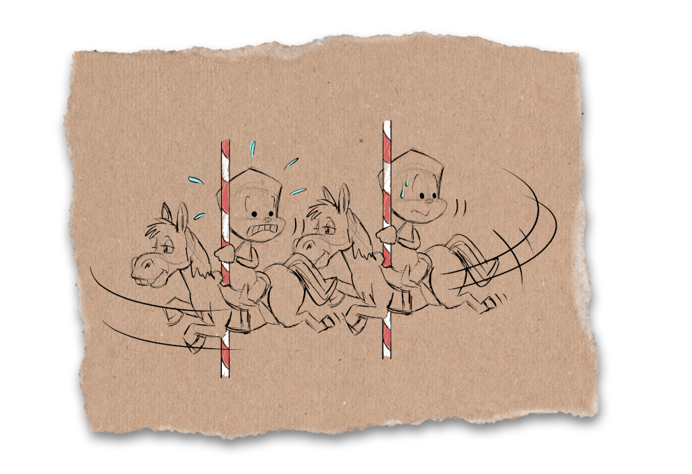 Zwei Sams sitzen auf jeweils einem Karusselpferd. Der eine Sam schwitzt stark und beißt seine Zähne zusammen. Er macht einen ängstlichen und gestressten Eindruck. Der Sam auf dem anderen Karusselpferd ist fröhlich und macht einen entspannten Eindruck.