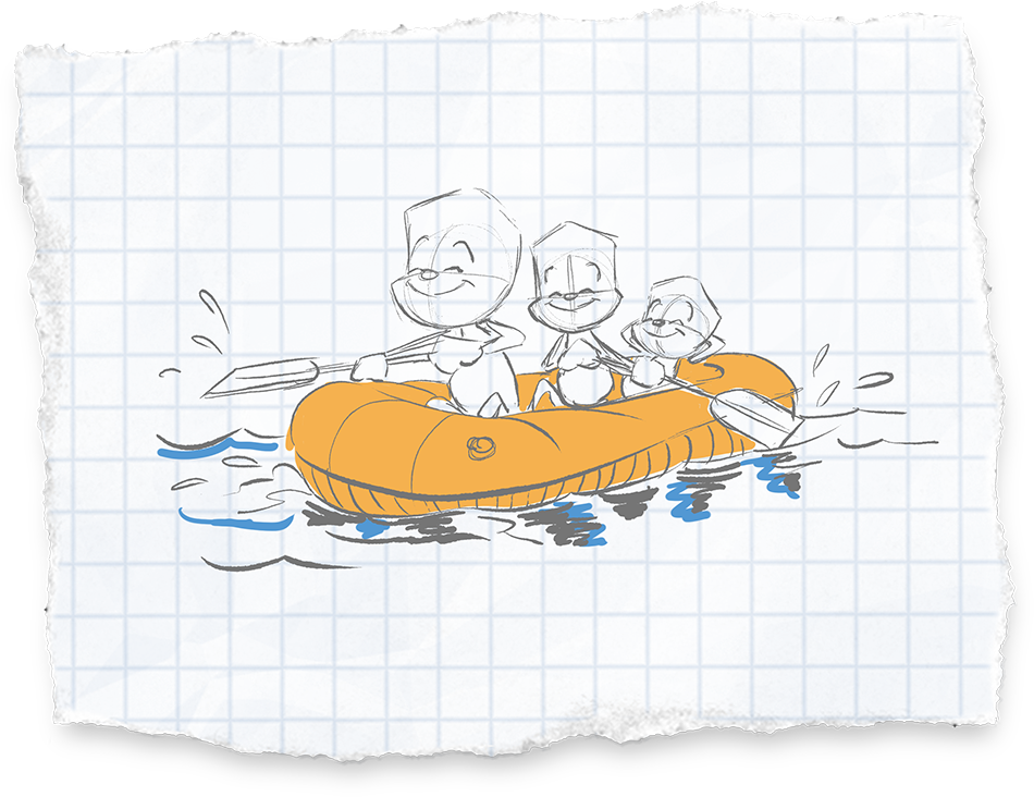 Sam sitzt mit seiner Familie in einem Schlauchboot und rudert.