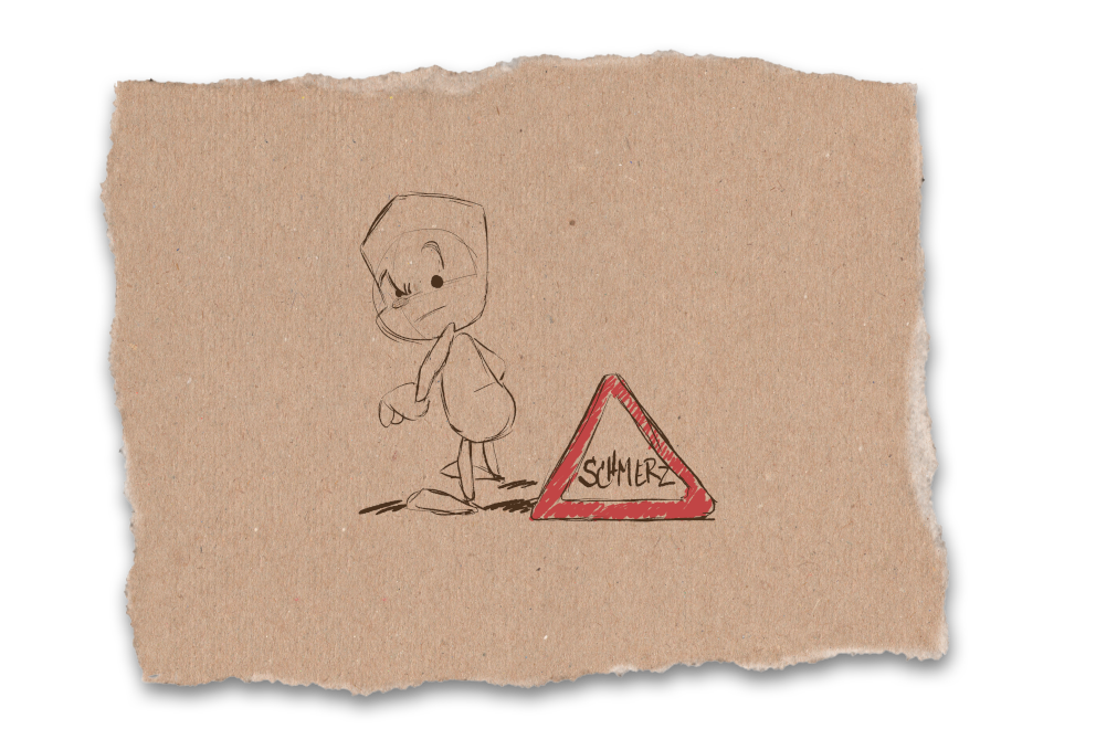 Sam blickt missmutig hinter seine Schulter. Dort steht ein Schild, welches signalisiert: Achtung! Schmerz!