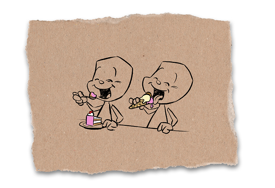 Sam sitzt mit einem Freund zusammen und isst Kuchen. Der Freund schleckt an einem Eis.