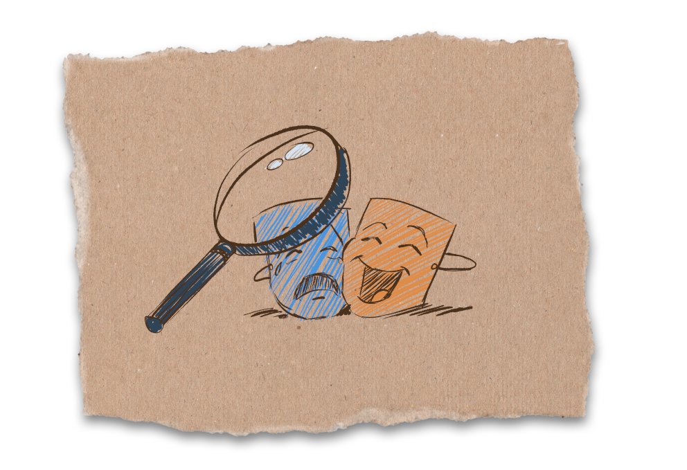 Ein Lupe ist auf ein lachendes und ein weinendes Gesicht gerichtet.