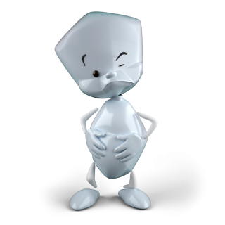 Sam hält sich mit beiden Händen den Bauch und guckt unzufrieden drein.