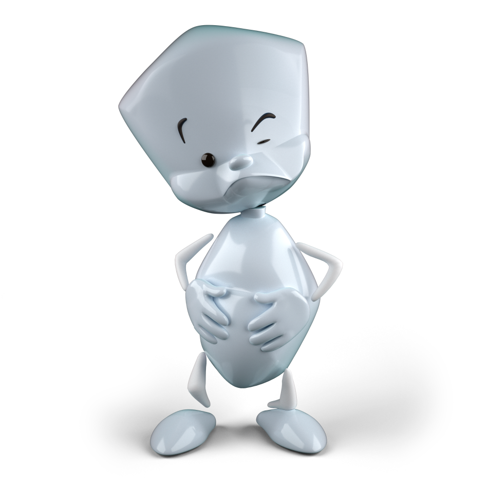 Sam hält sich mit beiden Händen den Bauch und guckt unzufrieden drein.