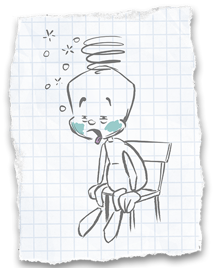 Sam sitzt auf einem Stuhl. Ihm ist übel und schwindelig.