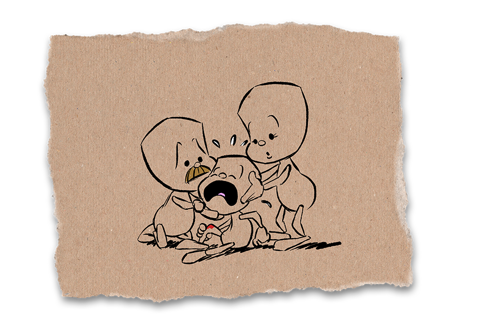 Sam sitzt auf dem Boden, sein Knie blutet und er weint mit weit offenem Mund. Seine Eltern sind bei ihm und schauen besorgt auf ihn.