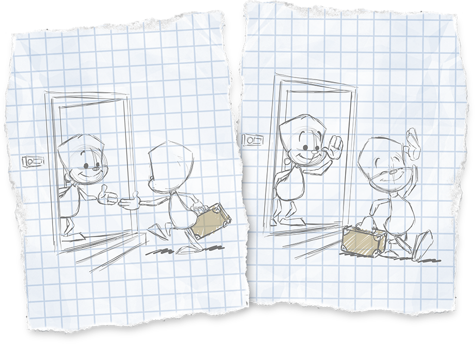 Es ist ein Besucher an Sam's Haustür. Dann im nächsten Bild verlässt der Besucher das Haus und Sam wieder.