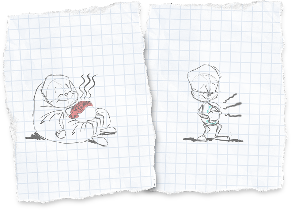 Sam liegt mit einer Wärmflasche auf dem Bauch auf einem Sitzkissen und entspannt sich. Im nächste Bild hält er sich den schmerzenden Bauch. Er hat sich so sehr auf den Bauch konzentriert, dass die Bauchschmerzen nicht weg gehen können.