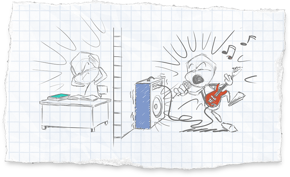 Sam's Nachbar spielt sehr laut Musik. Er singt und spielt E-Gitarre. Auf der anderen Seite der Hauswand sitzt Sam und hält sich die Ohren zu. Sam kann sich nicht aauf seine Schulaufgaben vor ihm konzentrieren.