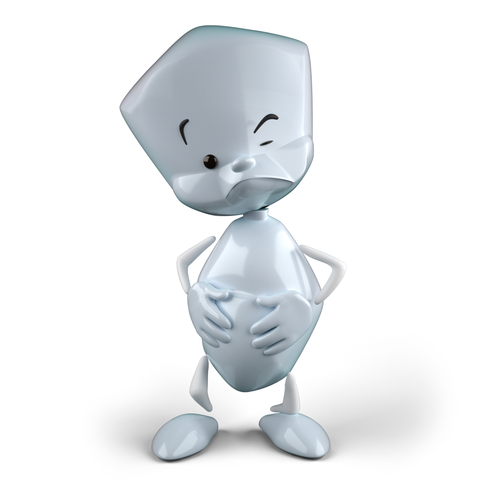 Sam leidet unter Bauschmerzen. Er hält sich mit beiden Händen seinen Bauch und hat einen schmerzvollen Gesichtsausdruck.