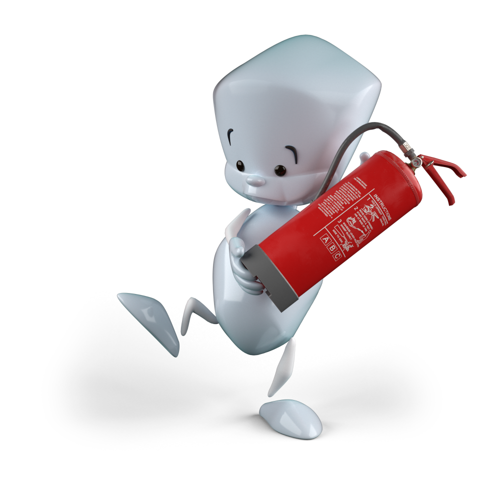 Sam hält einen großen roten Feuerlöscher in der Hand.