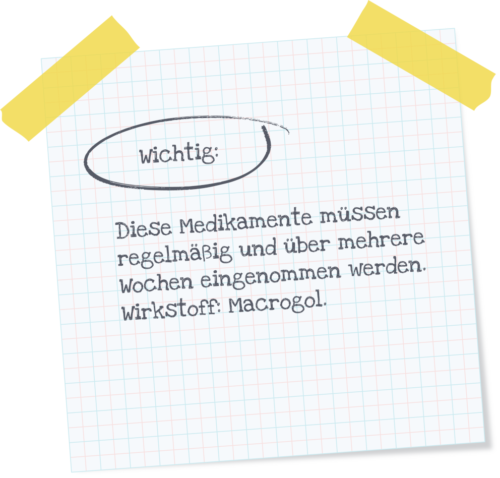 Post It mit der folgenden Beschriftung: Wichtig. Diese Medikamente müssen regelmäßig und über mehrere Wochen eingenommen werden. Wirkstoff Macrogol.